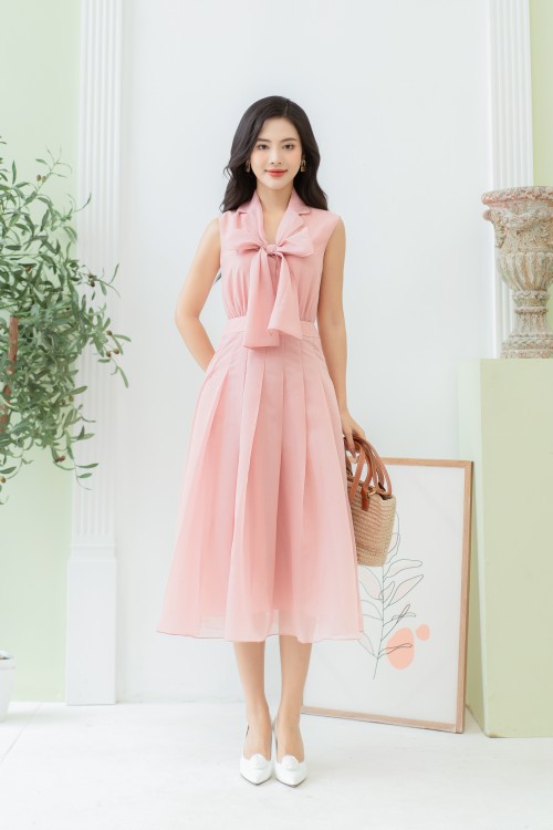 Sixdo Peach Pink Bowtie Midi Dress